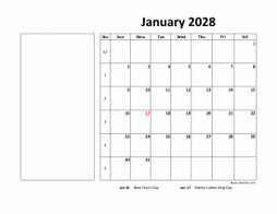 January 2028 printable calendar, large box, space for notes