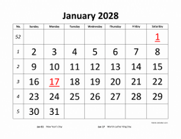 January 2028 printable calendar, large font design