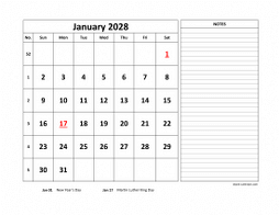 January 2028 printable calendar, large space for appointment and notes