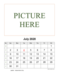 July 2028 printable calendar, pictures can be placed at the top
