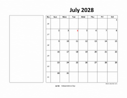 July 2028 printable calendar, large box, space for notes