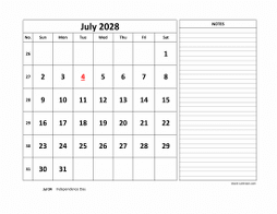 July 2028 printable calendar, large space for appointment and notes