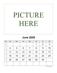 June 2028 printable calendar, pictures can be placed at the top