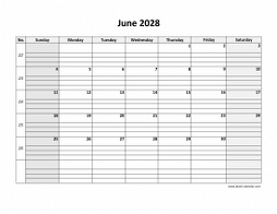 June 2028 printable calendar, large box grid, space for notes