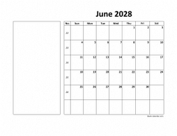 June 2028 printable calendar, large box, space for notes