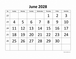 June 2028 printable calendar, large font design