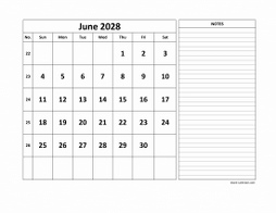 June 2028 printable calendar, large space for appointment and notes