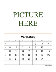 March 2028 printable calendar, pictures can be placed at the top
