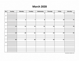 March 2028 printable calendar, large box grid, space for notes