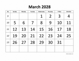 March 2028 printable calendar, large font design