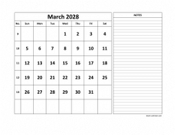 March 2028 printable calendar, large space for appointment and notes