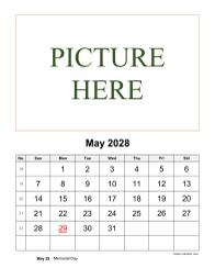 May 2028 printable calendar, pictures can be placed at the top