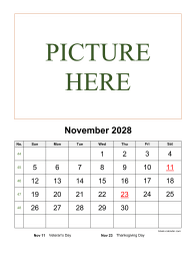 November 2028 printable calendar, pictures can be placed at the top