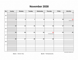 November 2028 printable calendar, large box grid, space for notes