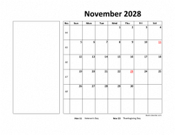 November 2028 printable calendar, large box, space for notes