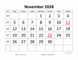 November 2028 printable calendar, large font design