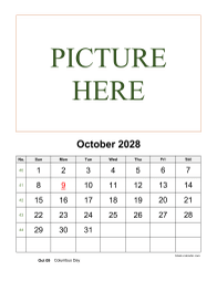 October 2028 printable calendar, pictures can be placed at the top