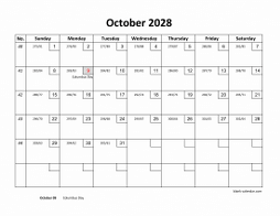 October 2028 printable calendar with check boxes