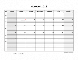 October 2028 printable calendar, large box grid, space for notes