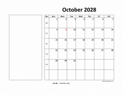 October 2028 printable calendar, large box, space for notes
