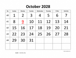 October 2028 printable calendar, large font design