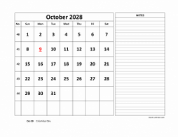 October 2028 printable calendar, large space for appointment and notes