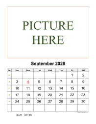 September 2028 printable calendar, pictures can be placed at the top