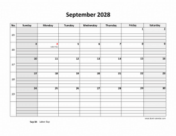 September 2028 printable calendar, large box grid, space for notes