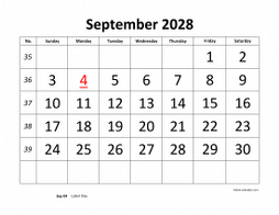 September 2028 printable calendar, large font design