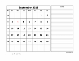 September 2028 printable calendar, large space for appointment and notes
