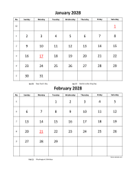 Printable 2028 calendar, 2 months per page (vertical)