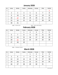 Printable 2028 calendar, 3 months per page (vertical)