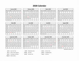 Printable 2028 Calendar with US Federal Holidays
