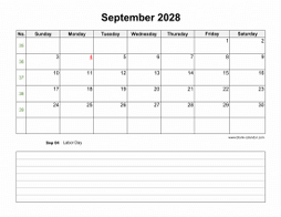 September 2028 Blank Calendar (Space for Notes, horizontal)