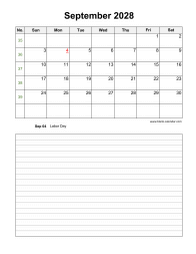 September 2028 Blank Calendar (Space for Notes, Vertical)
