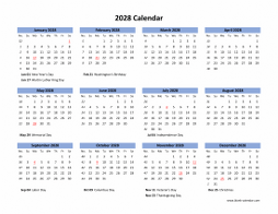 Blank Calendar 2028 with US Holidays (horizontal)