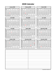 Blank Calendar 2028 with Space for Notes (vertical)