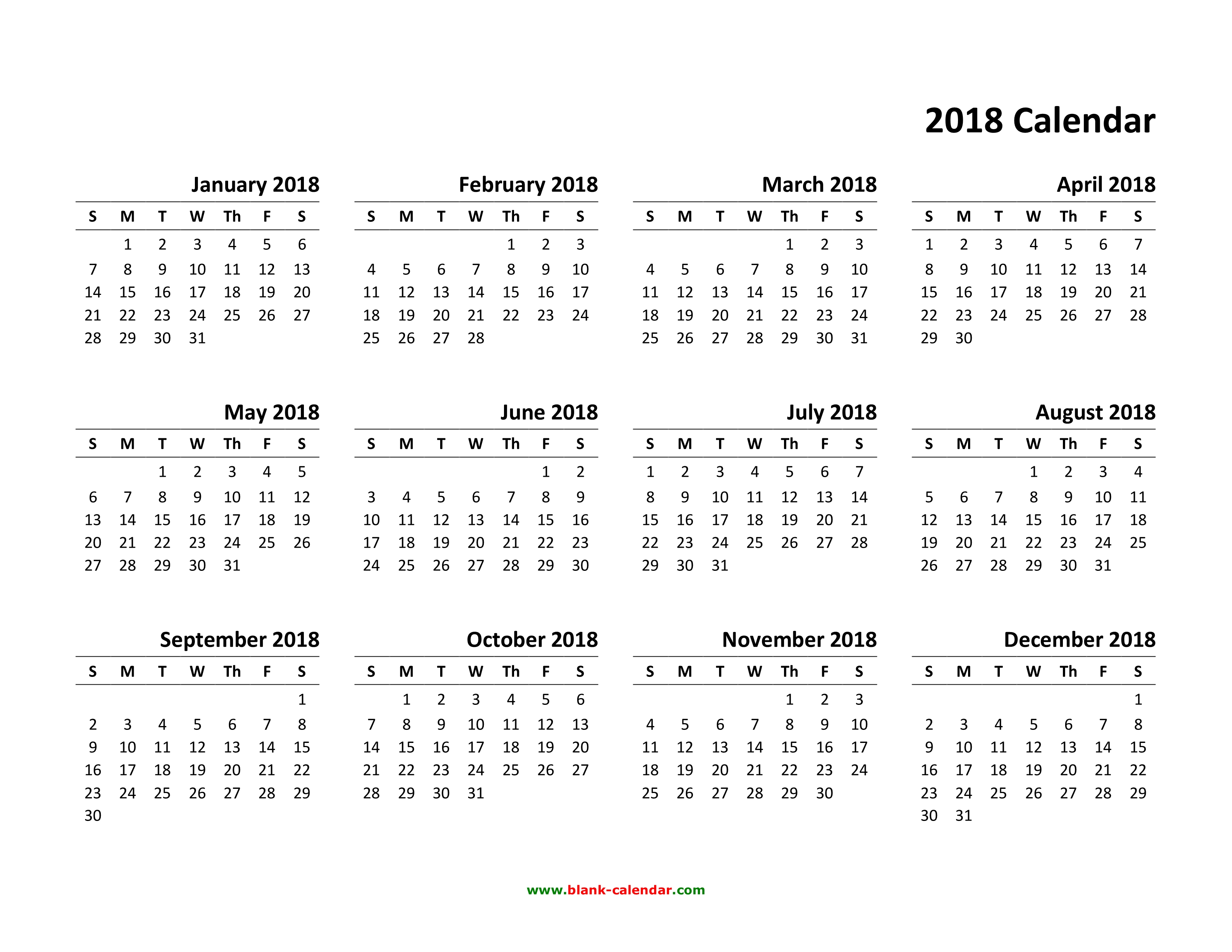 2018 Calendar Printable Template Pdf Word Excel