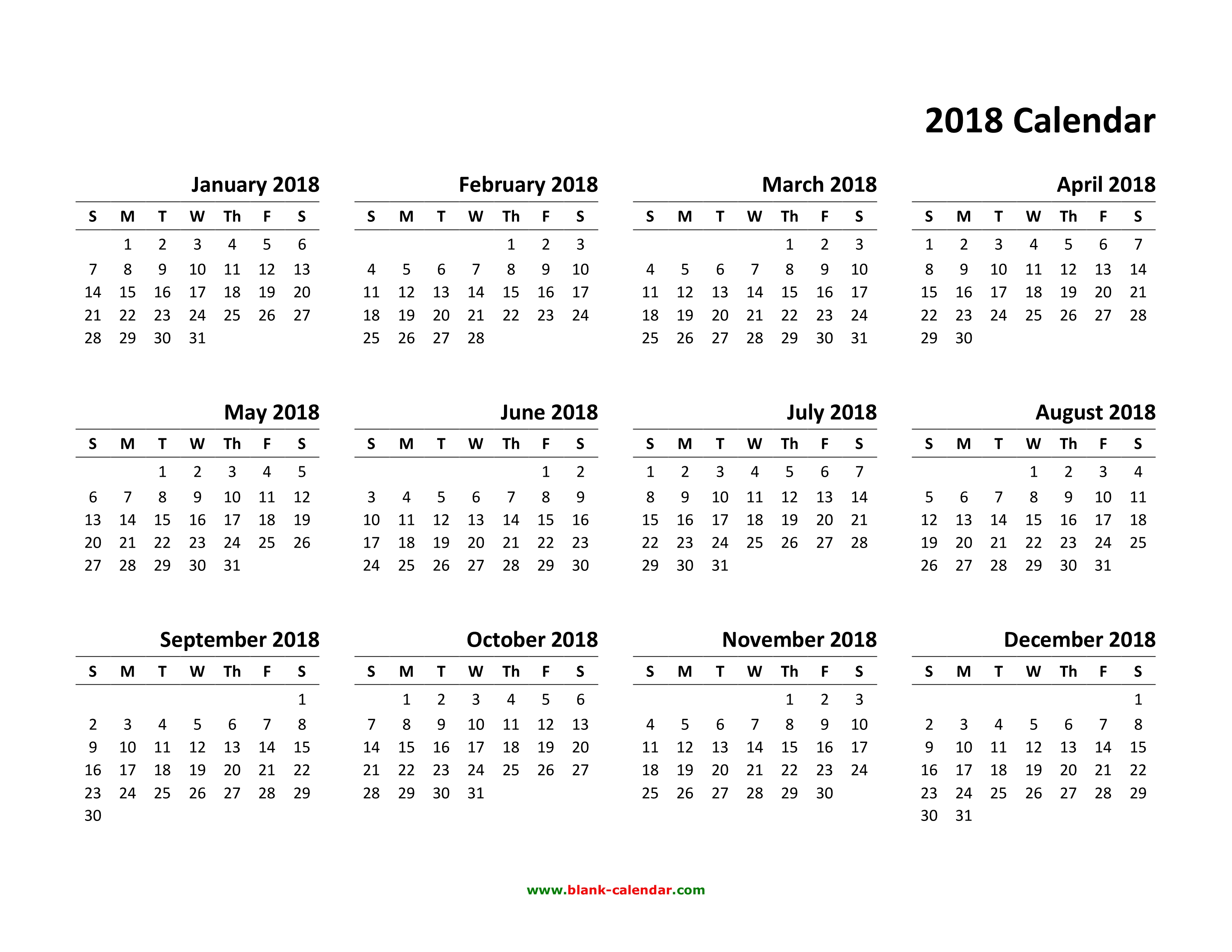 Yearly Calendar 2018 Free Download and Print