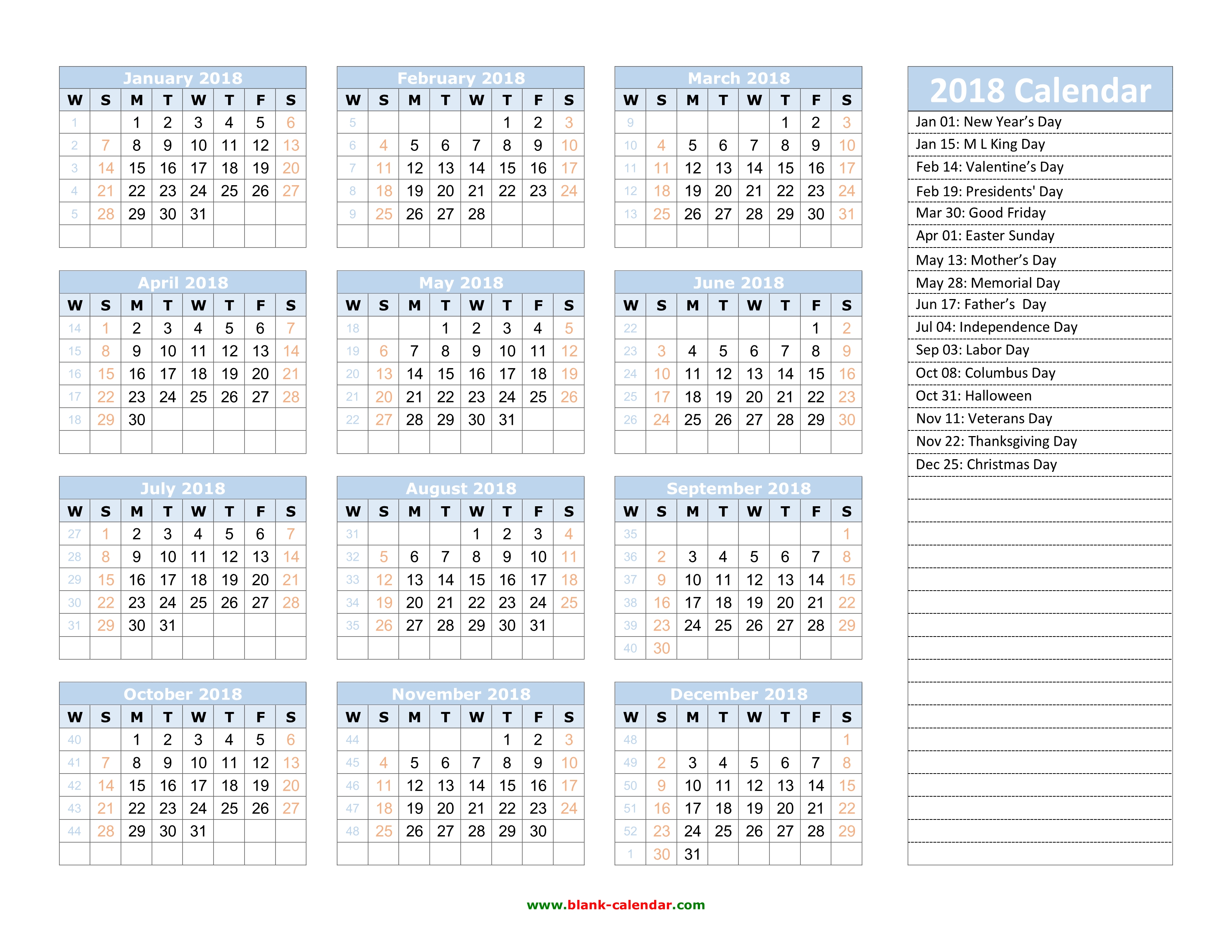 Yearly Calendar 2018 Free Download And Print