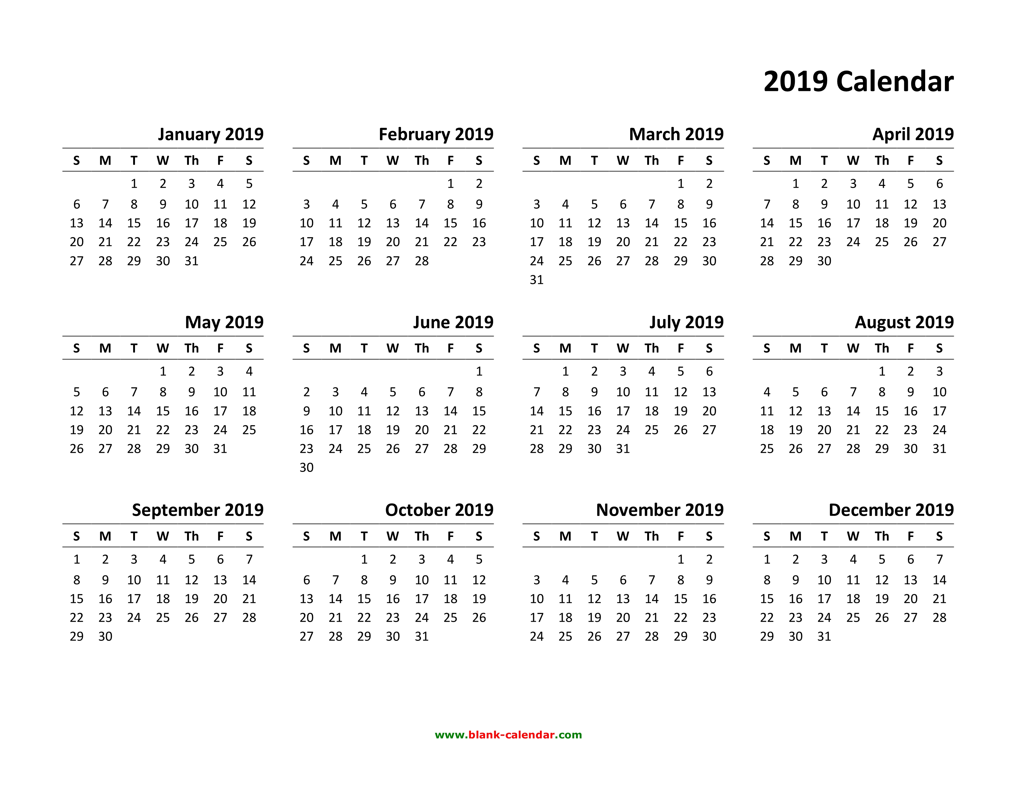 Yearly Calendar 2019 Free Download And Print