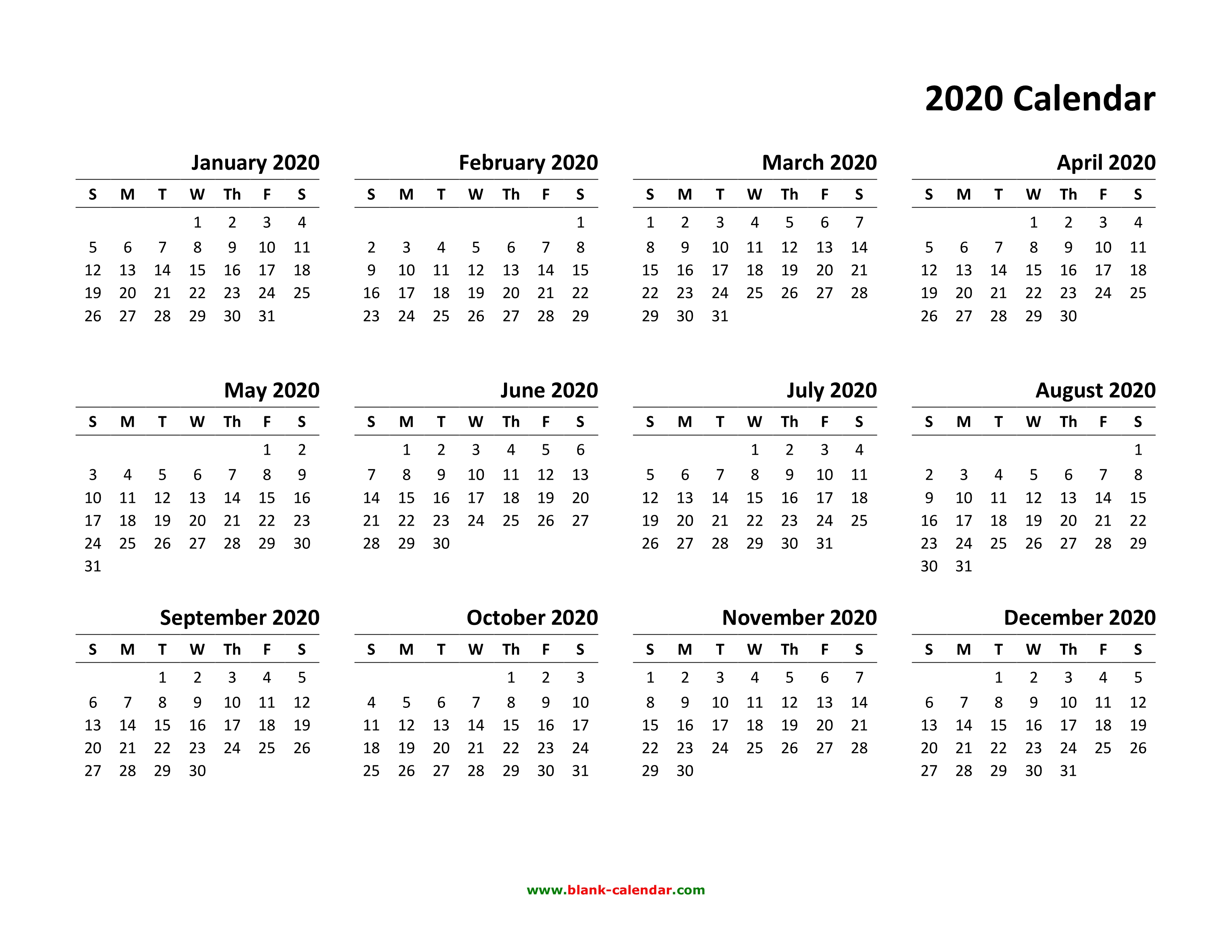 2020 Yearly Calendar Printable Printable World Holiday