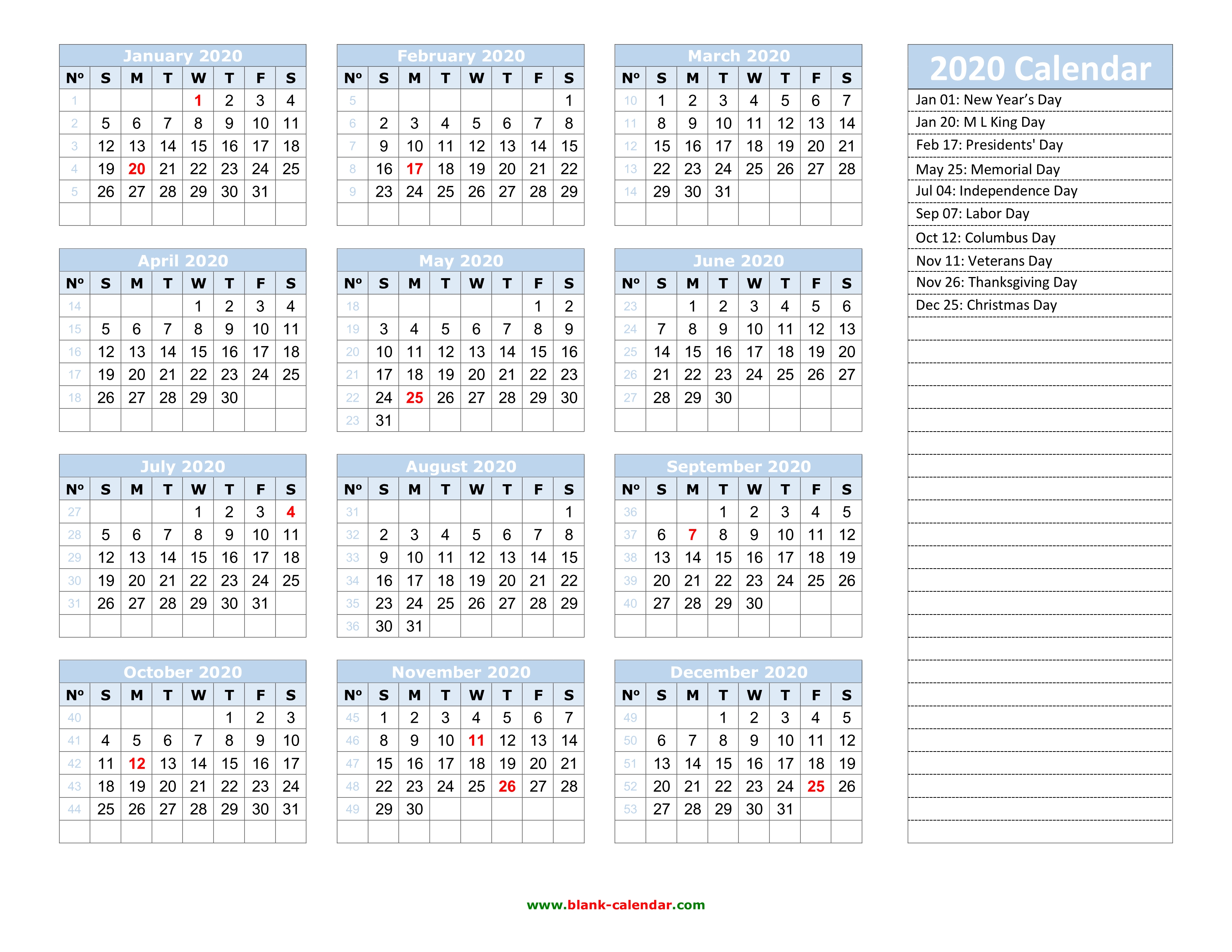 Yearly Calendar 2020