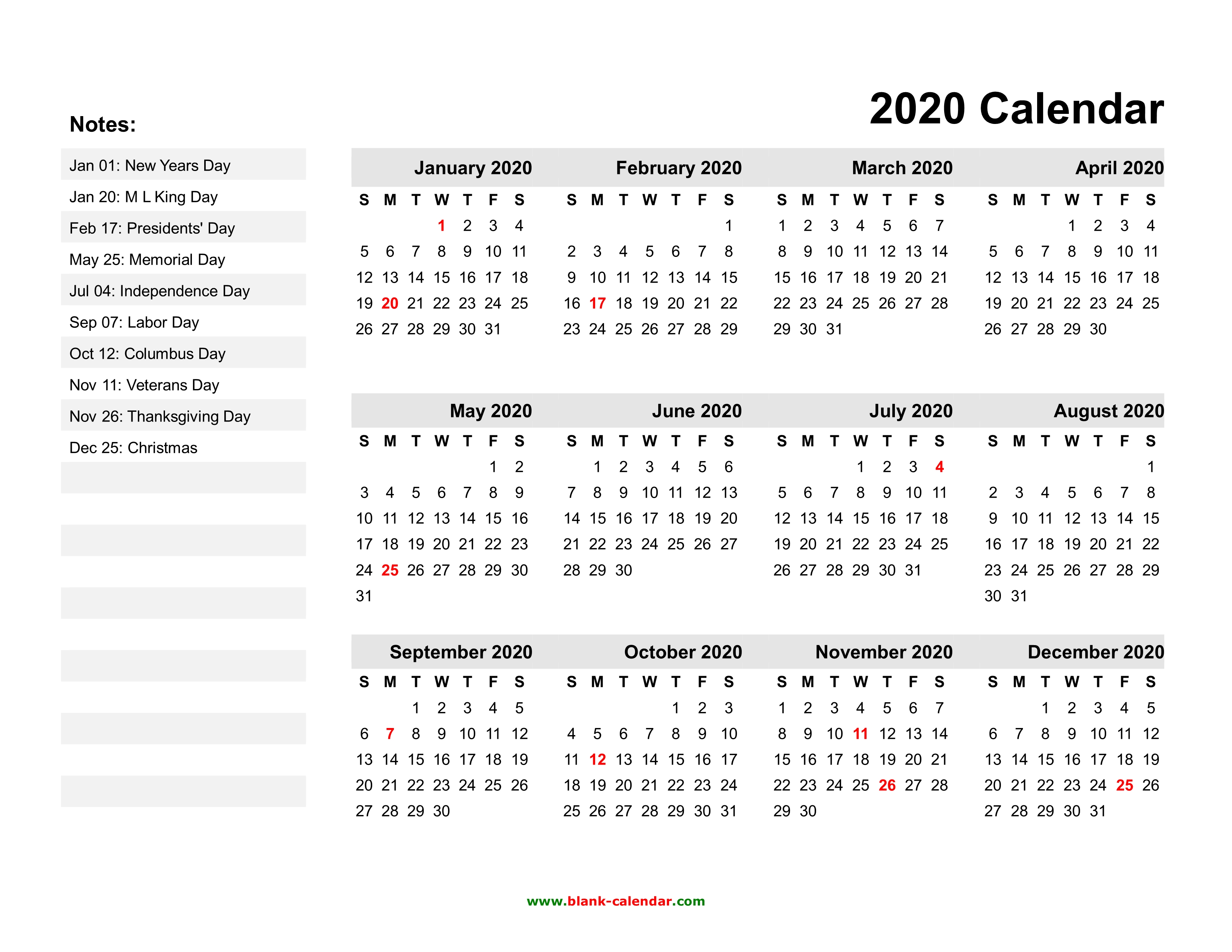 Yearly Calendar 2020