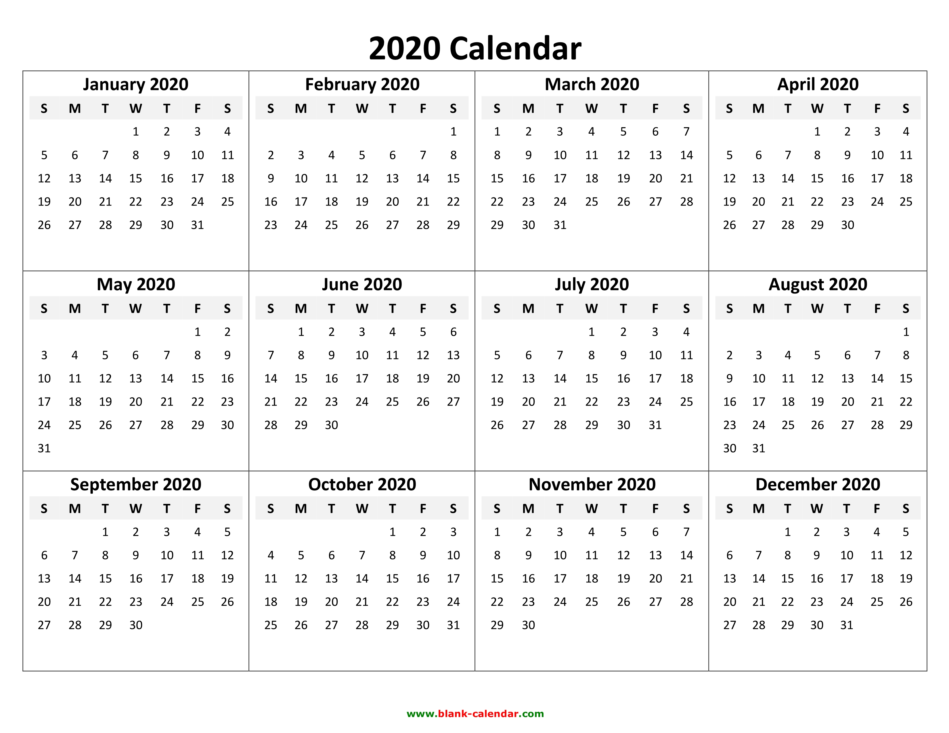 Yearly Calendar 2020 Free Download and Print