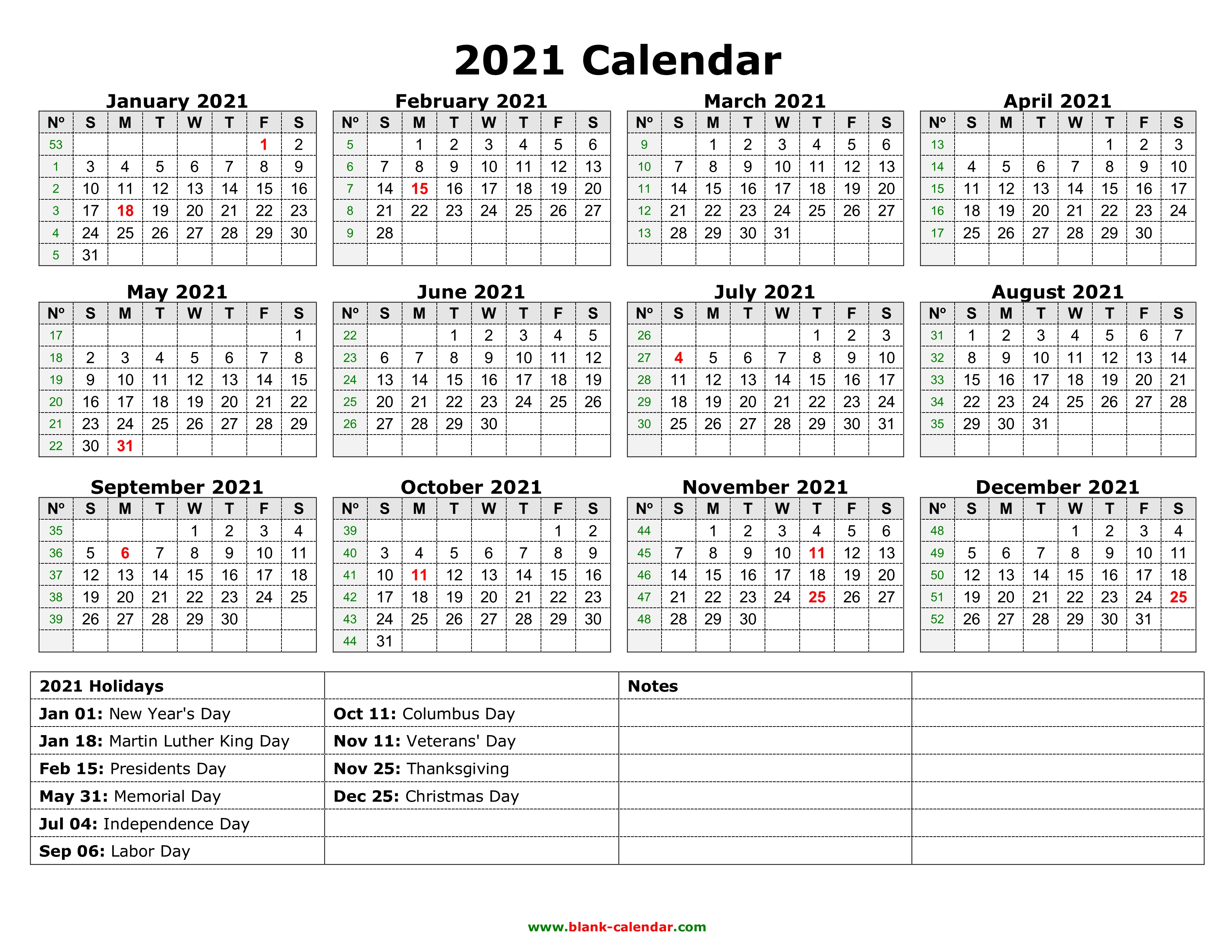 Yearly Calendar 2021 | Free Download and Print