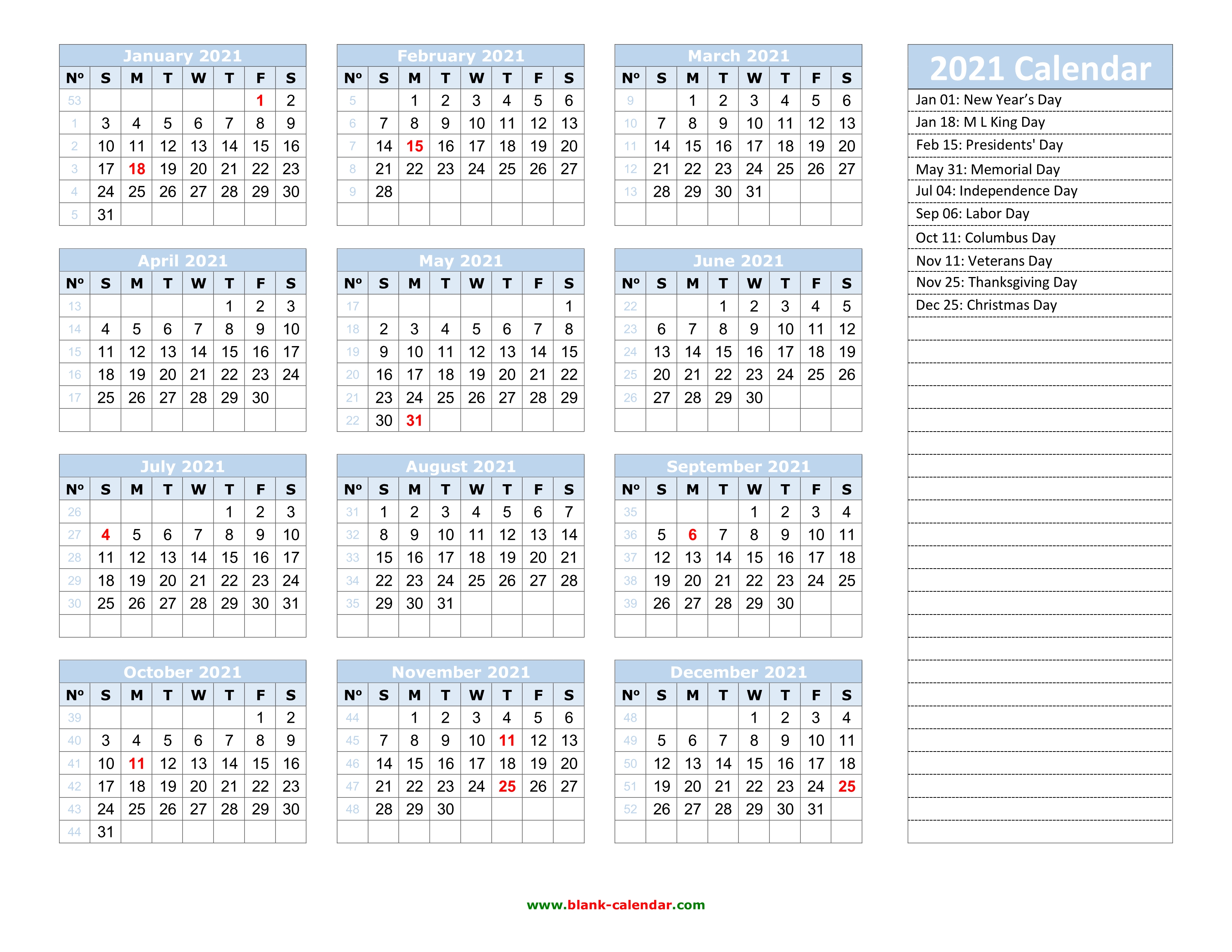 Yearly Calendar 2021 | Free Download and Print