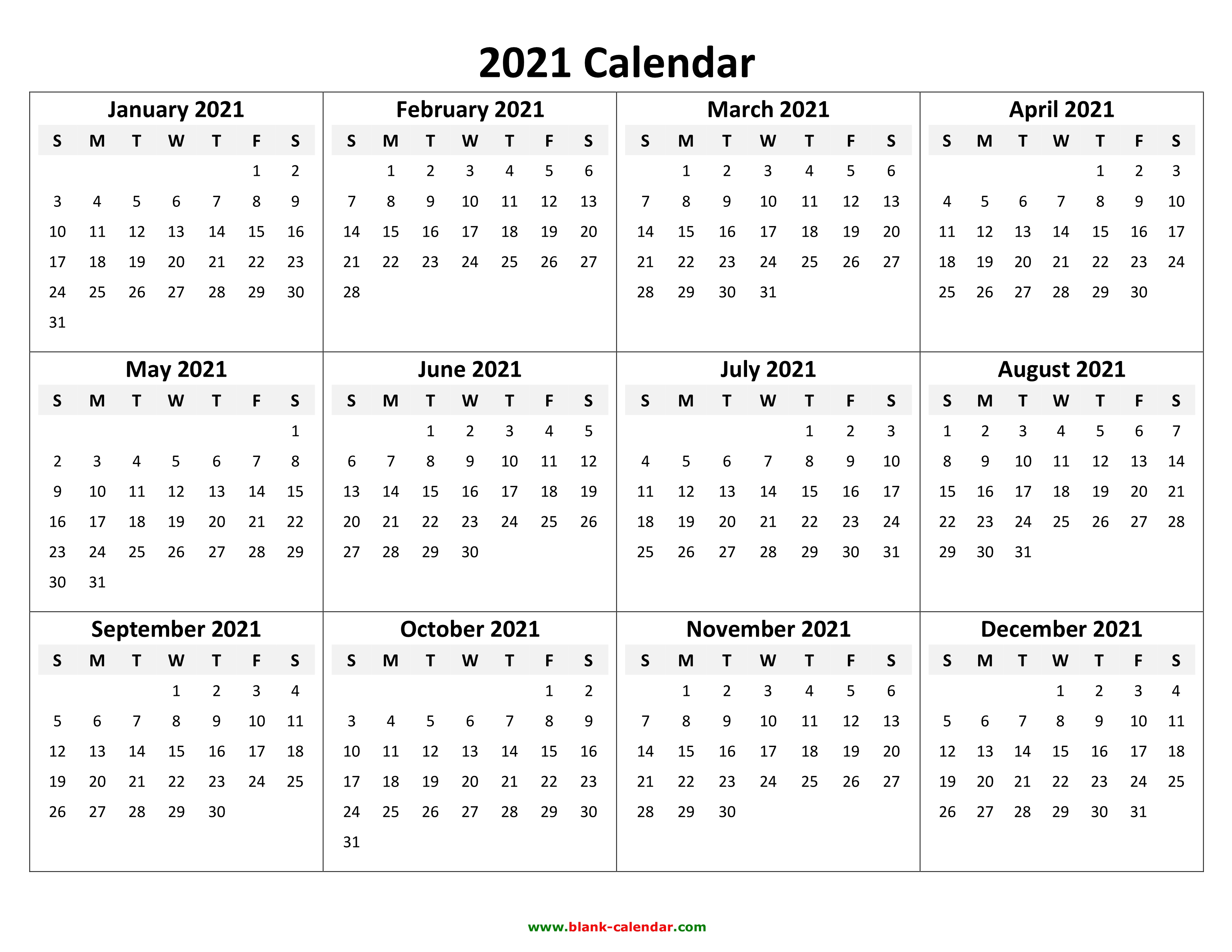 Yearly Calendar 2021 Free Download and Print