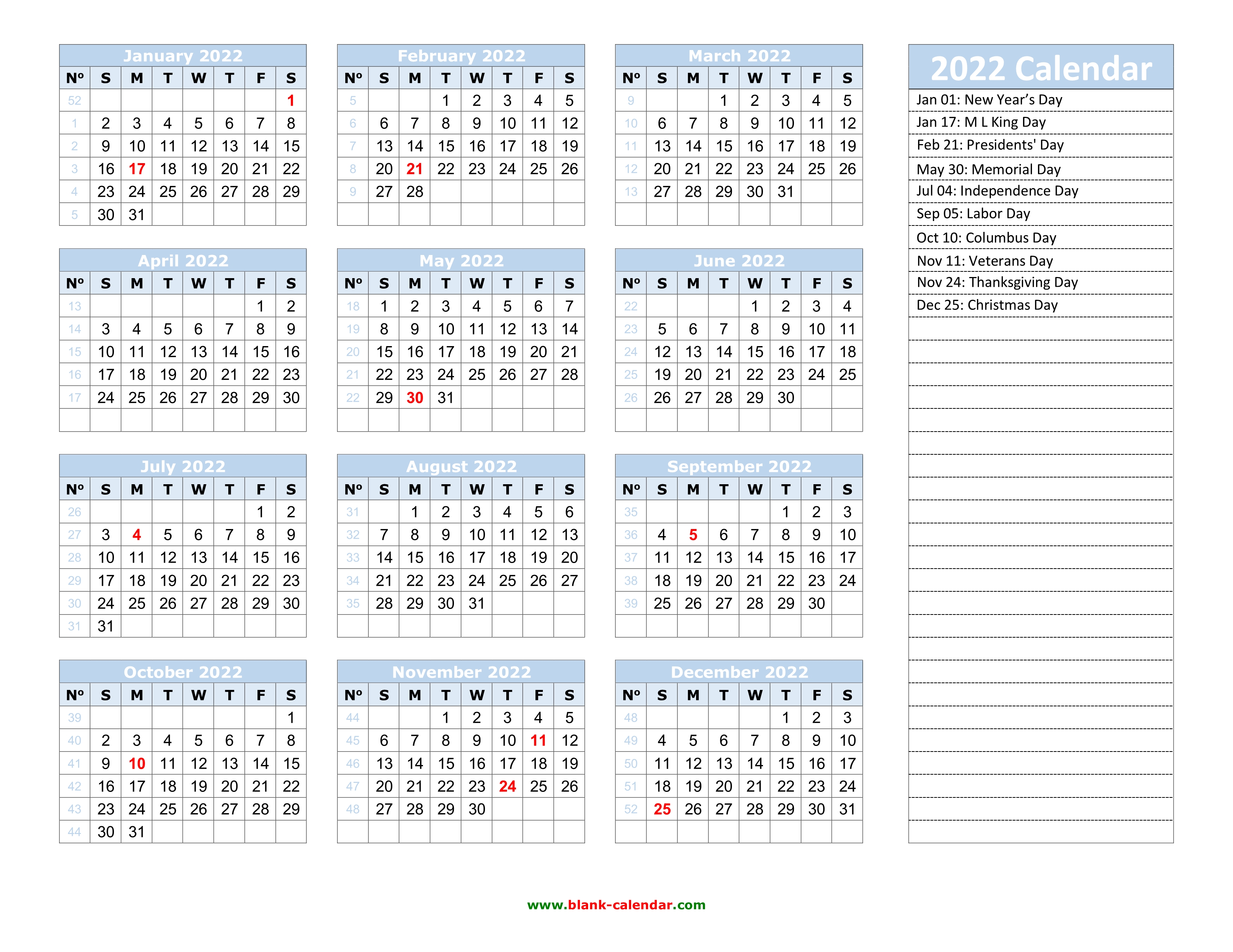 2022 calendar with holidays editable