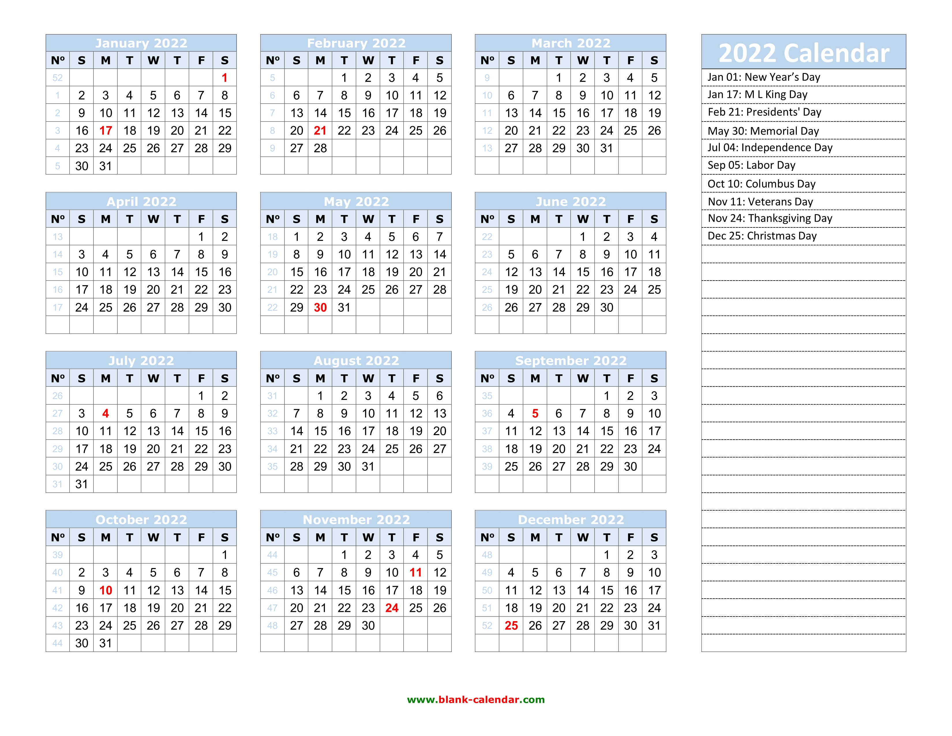 Yearly Calendar 2022 Free Download And Print